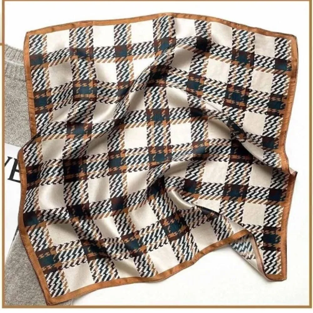 Brown Plaid Print Silky Scarf